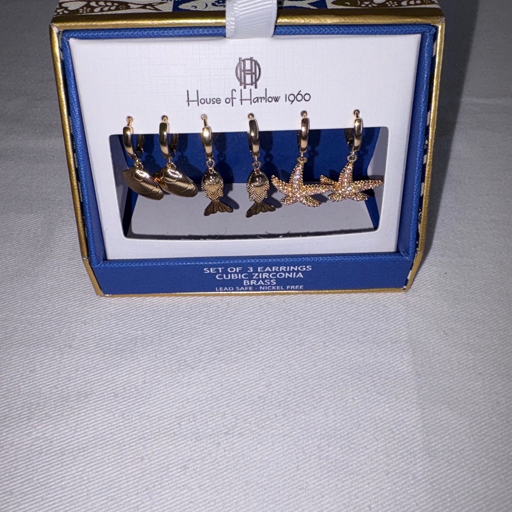 House of Harlow 1960 Earring Set Gold NEW Nautical Shell Fish Starfish beachy